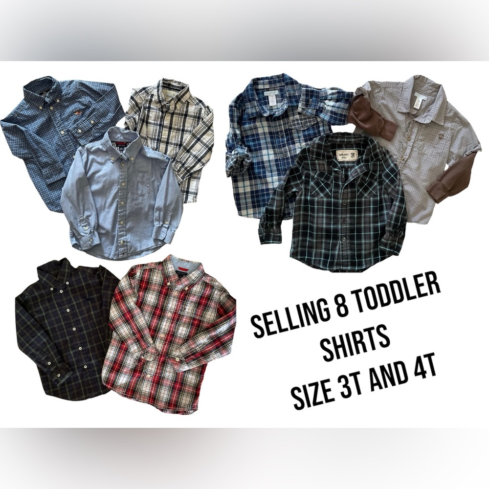 Selling a bundle of 8 button down long sleeve shirts. Sizes are 3T and 4T